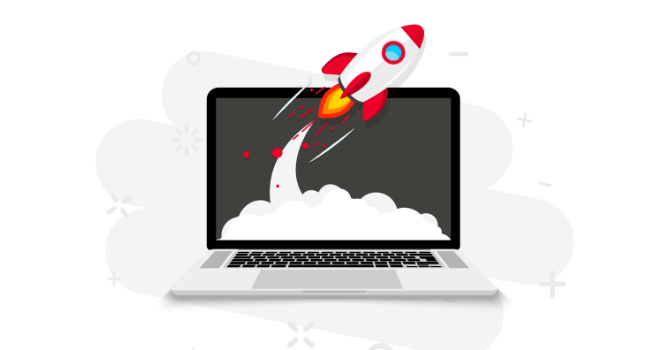 Illustration of a laptop computer with a rocket launching out of it. 