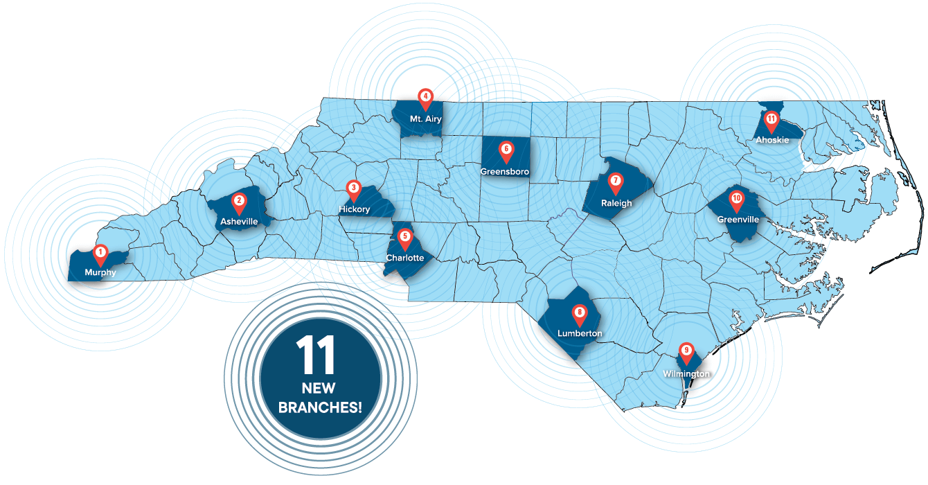 Map of North Carolina, showing the first 11 Civic Credit Union branch loactions