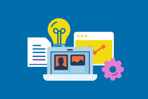 Illustrative computer, light bulb, gear, paper and chart