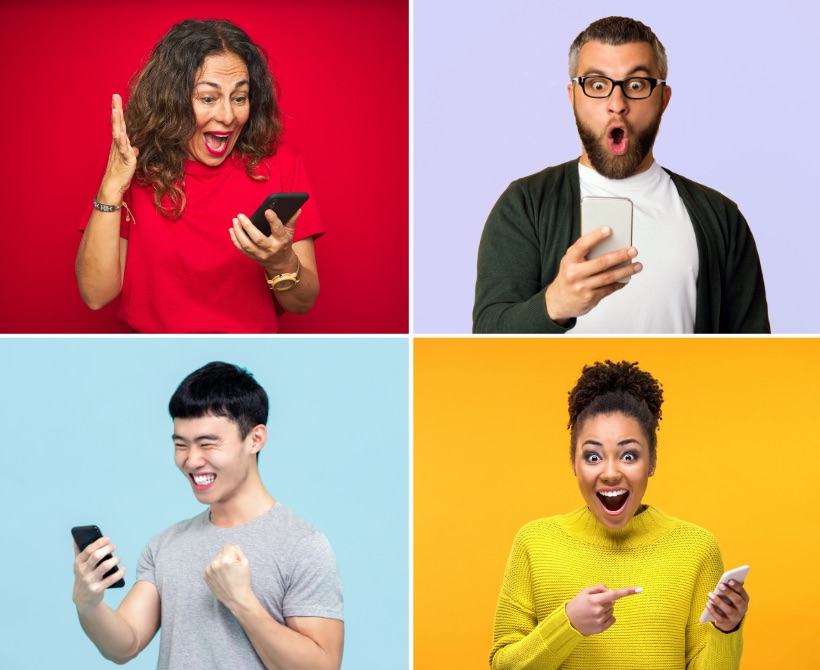Top left: Woman excited, holding mobile phone; Top Right: Man looking at mobile phone; Bottom Left: Man smiling, looking at mobile phone; Bottom Right: Woman excited, looking at mobile phone