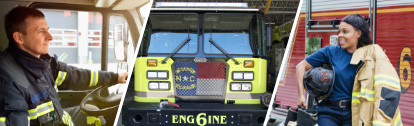 Male firefighter, fire truck, female firefighter