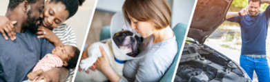 couple holding baby; woman holding convalescing dog; man with car trouble