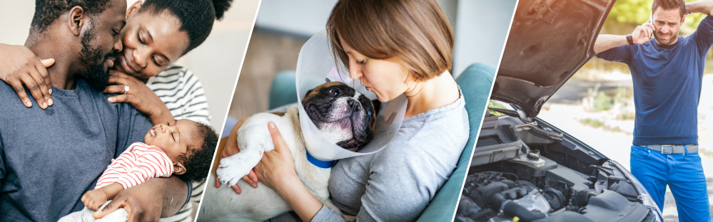 couple holding baby; woman holding convalescing dog; man with car trouble