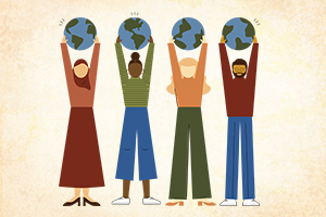 Illustration of different individuals holding up globes